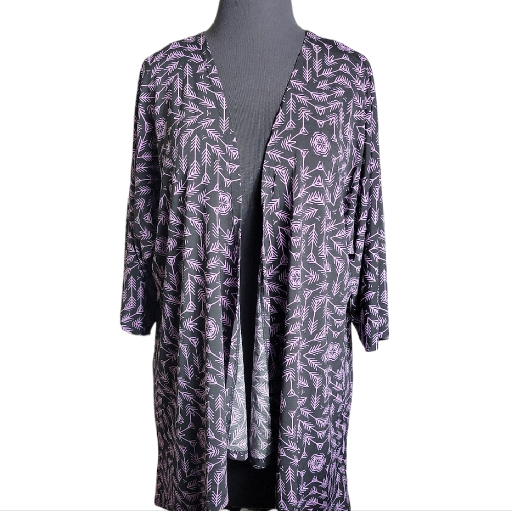 Lularoe Lindsay kimono black purple arrow print asymmetrical women's small